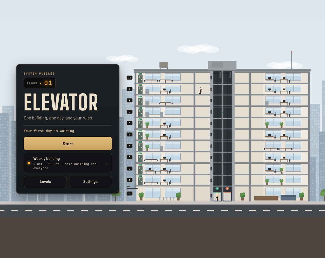 The Elevator title screen beside a ten-storey office building with two lifts